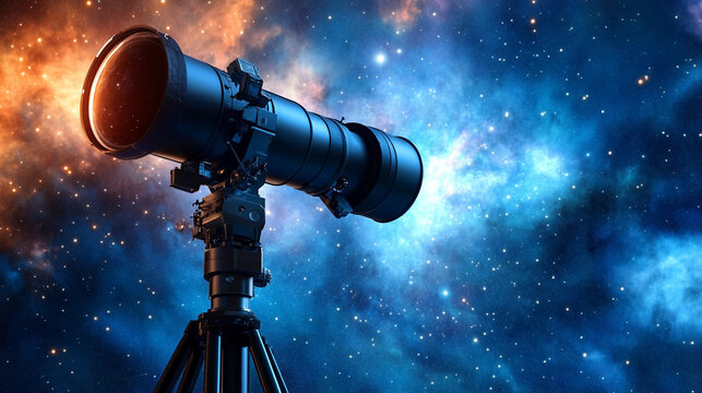 A space telescope aimed at a glowing virtual galaxy, capturing cosmic exploration, futuristic astronomy, and the study of distant stars and celestial phenomena. - Powered by Adobe