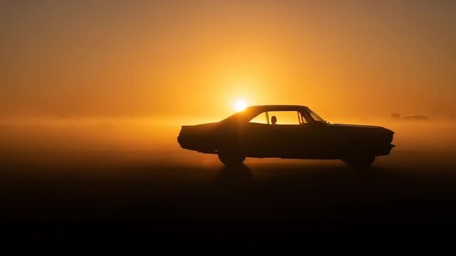 Classic Car Silhouette Against a Vibrant Sunset Sky on a Dusty Road.