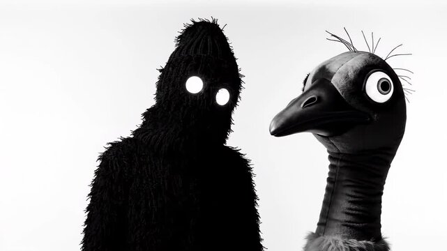 A strange surreal animation of a furry black monster and a cartoon bird puppet. Bizarre characters with glowing eyes stand together on a white background. Minimalist black and white stop motion