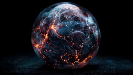 Glowing magic crystal ball with molten lava cracks and blue energy veins, abstract sci-fi sphere close-up on dark background - Powered by Adobe