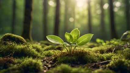 Young tree seedling growing in forest sunlight representing sustainability and a green future