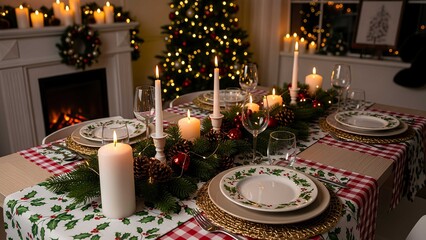 Warm Christmas dining table decorated with holly-themed dinnerware, candles, fir garland, and festive lights, creating an inviting and intimate holiday atmosphere.