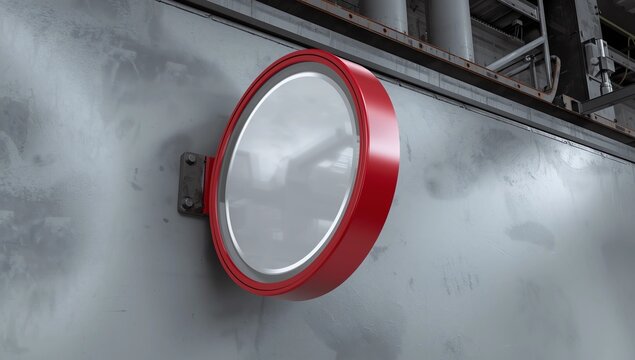 Blank round store signboard mockup. Empty circular illuminated shop lightbox template mounted on the ancient wall in european town. Street sign, signage