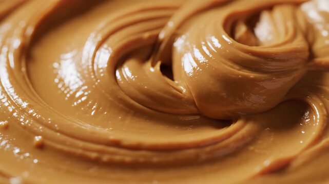 Close up of smooth peanut butter swirls, delicious and creamy texture.