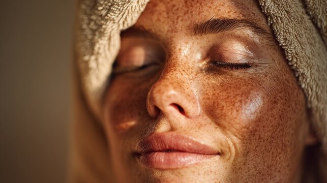 Close-up of a tranquil freckled woman with a towel on her head