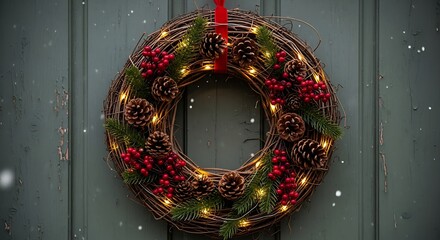 A christmas wreath with pine cones and berries on a blue door with falling snow effect added in