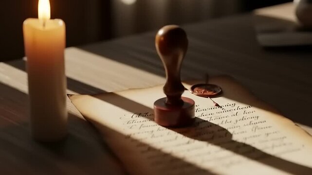 Close-up of a hand using a wax seal stamp on an old document by candlelight.