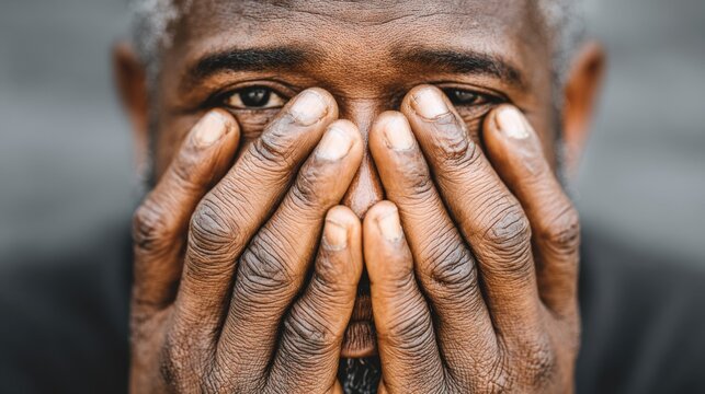 Elderly Man Covering Face with Hands in Deep Thought