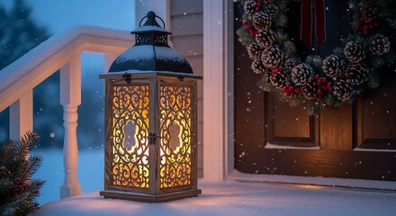 Illuminated lantern on snowy porch with christmas wreath and falling snowflakes creating a festive scene