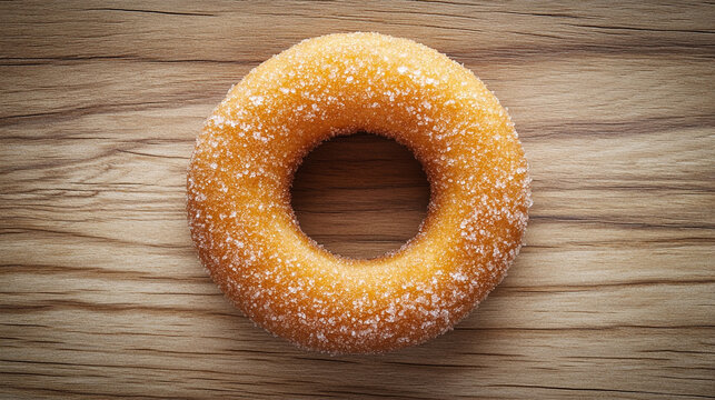 Sugared cruller donut ring resting on a light, modern wooden surface, highlighting texture, sweetness, and artisanal pastry presentation in a clean, minimalist setting.