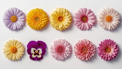 Collection of ten colorful daisy and pansy flowers arranged in two rows isolated on white background