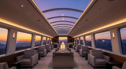 Fototapeta premium Luxury Train Observation Car Interior with Panoramic Sunset View Through Glass Dome and Windows 