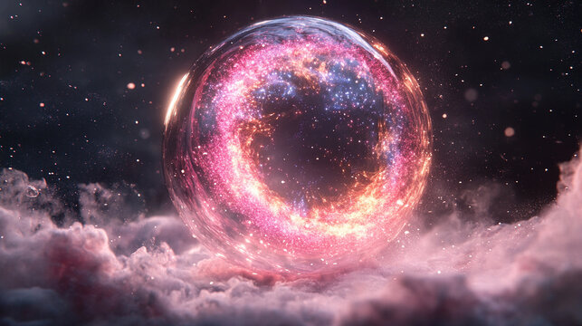 A thought bubble morphs seamlessly into a glowing holographic galaxy, blending human imagination with cosmic visualization. Ethereal, futuristic, and conceptual, ideal for creativity or tech themes.