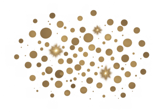 Golden confetti circles and sparkling light particles moving, creating a festive overlay with a transparent background