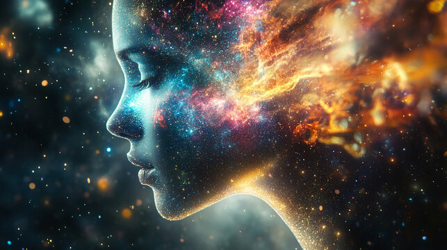 A thought bubble morphs seamlessly into a glowing holographic galaxy, blending human imagination with cosmic visualization. Ethereal, futuristic, and conceptual, ideal for creativity or tech themes.