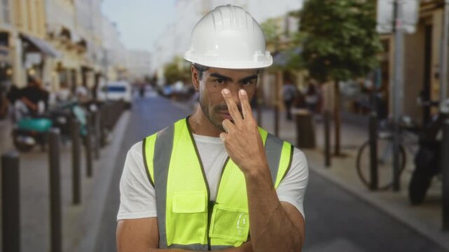 Young hispanic man engineer in hardhat and reflective vest points fingers to eyes on a city street; determination focus ambition resilience.