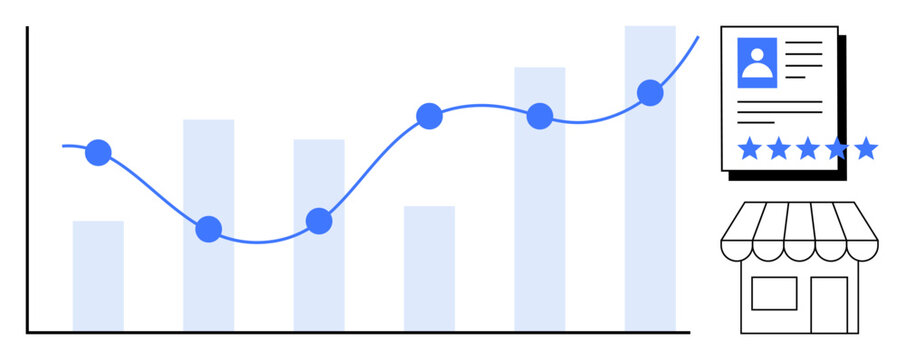 Graph showing data trends, customer profile with star ratings, and retail store icon. Ideal for business analytics, customer management, marketing, retail strategies, e-commerce, data visualization