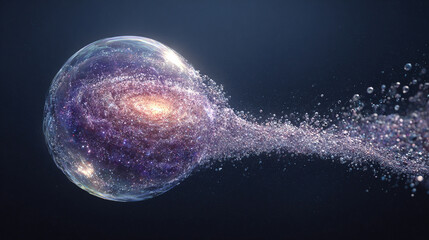 A thought bubble morphs seamlessly into a glowing holographic galaxy, blending human imagination with cosmic visualization. Ethereal, futuristic, and conceptual, ideal for creativity or tech themes.