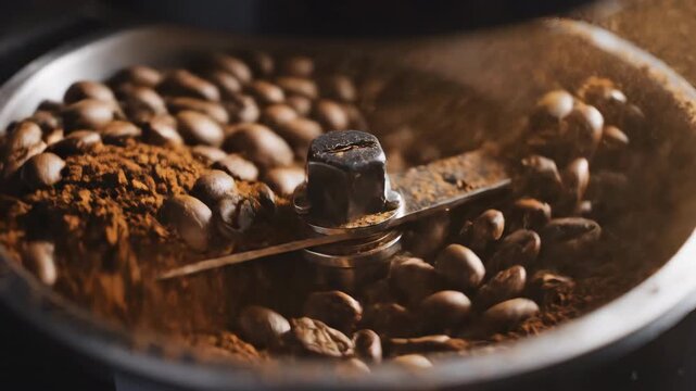 Coffee bean grinding process in a grinder with rich aroma and rich flavor