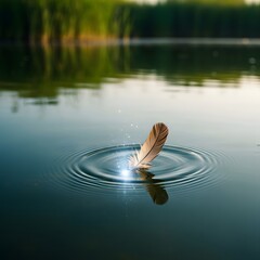A single feather floating on a calm lake surface with gentle ripples and a blurred green natural background during daytime