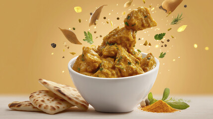 Vibrant Chicken Curry Bowl with Floating Spices and Naan Bread