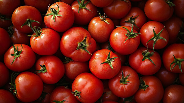 A vibrant sea of ripe tomatoes filling the entire frame, representing agriculture, harvest, and the abundance of fresh vegetables in a vivid, farm-to-table scene.