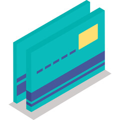 Two Teal Credit Cards Side By Side With Yellow Rectangle And Blue Stripes Minimalist Isometric Vector Graphic