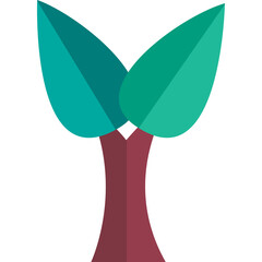 Two Teal Leafy Branches Reach Upward From A Burgundy Tree Trunk On A Transparent Background Simple Geometric Tree Illustration