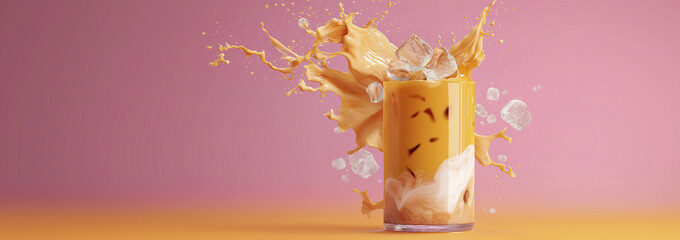 Refreshing Iced Tea Splashing with Milk Swirls and Ice Cubes