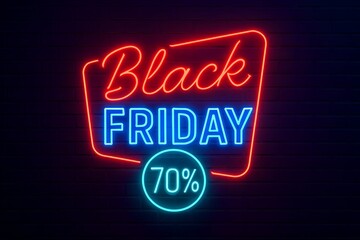 Vibrant Black Friday 70 Percent Sale Neon Sign on Textured Brick Wall Background