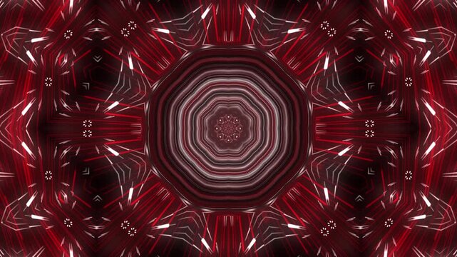 A red geometric pattern forming a hypnotic circular core with mirror reflections.
