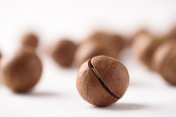 Fresh organic macadamia nuts on white background