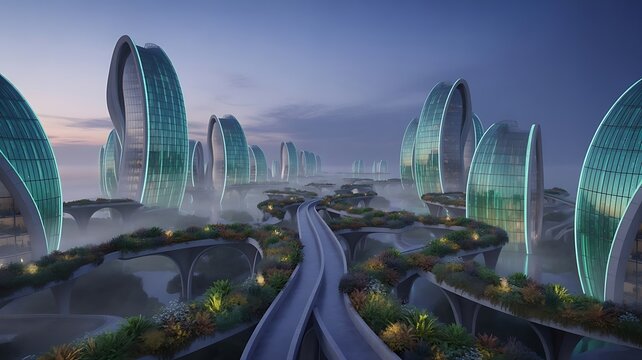 Futuristic city skyline with organic-shaped skyscrapers and elevated walkways ,  technology, innovation, sustainable, eco-friendly,