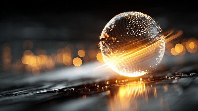 Virtual bank concept featuring a glowing financial data sphere, representing digital currency, analytics, and futuristic fintech in a luminous, high-tech abstract environment.