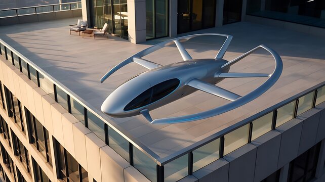 Futuristic flying vehicle parked on a skyscraper rooftop helipad , advanced technology, innovation, transportation