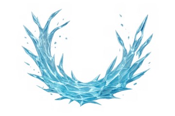 Freezing blue ice water splash forming a spiky crystal wave, winter cold abstract element with transparent background