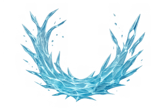 Freezing blue ice water splash forming a spiky crystal wave, winter cold abstract element with transparent background