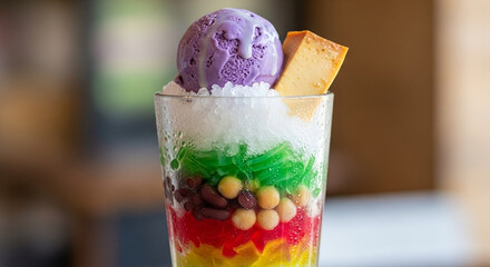 Filipino halo-halo layered in a tall glass with purple ube ice cream, leche flan, sweet beans, shaved ice