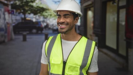 Man engineer wearing white hardhat helmet and reflective neon vest smiling on busy street; optimism. - Powered by Adobe