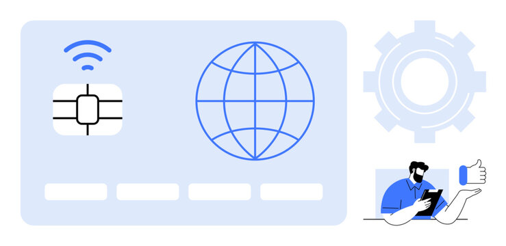 Microchip, wireless signal, globe, gear, and user with tablet highlight technological integration, innovation, and ease of use. Ideal for payments, systems fintech connectivity services user