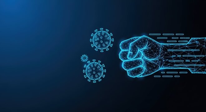Abstract digital hand fighting against blue coronavirus particles