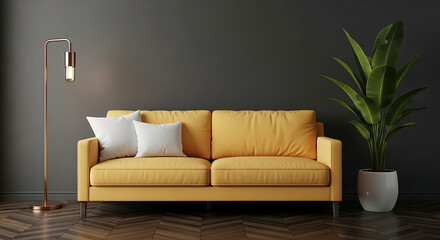 Modern living room interior with yellow sofa, pillows, plant and lamp against dark wall