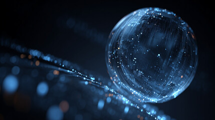 Virtual bank concept featuring a glowing financial data sphere, representing digital currency, analytics, and futuristic fintech in a luminous, high-tech abstract environment.