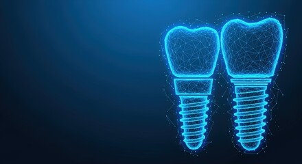 Abstract rendering of dental implants with blue wireframe design