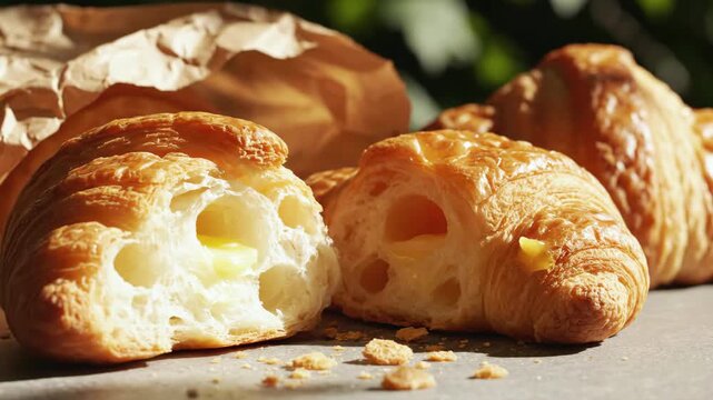 Close-up of golden, flaky croissants, one cut to show a creamy filling. Paper bag in background