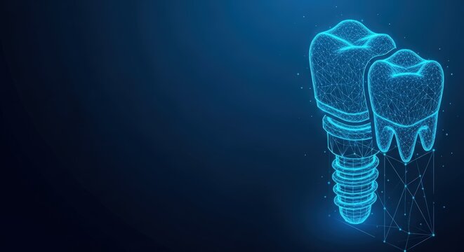 Digital representation of a dental implant on blue background