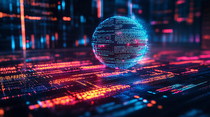 Virtual bank concept featuring a glowing financial data sphere, representing digital currency, analytics, and futuristic fintech in a luminous, high-tech abstract environment.
