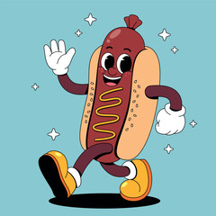 Retro Hot Dog Character Waving