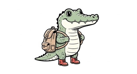 Obraz premium Illustration of a cheerful crocodile with a backpack ready for an adventure or back to school