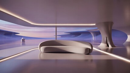 Modern minimalist interior with a curved sofa and abstract landscape view , landscape, view, window, architecture, sleek,